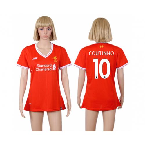 Women's Liverpool #10 Coutinho Red Home Soccer Club Jersey - Click Image to Close